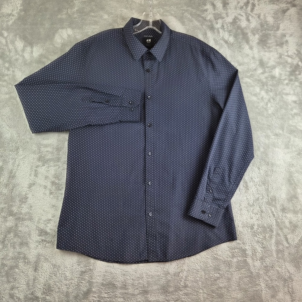 H&M Shirt Mens Large Navy Blue Micro Dots Slim Fit Easy Iron Office Career Work